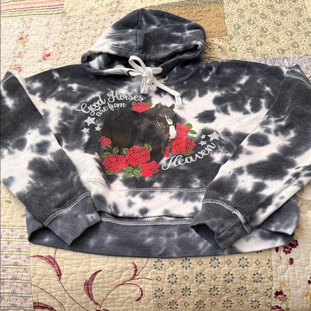 Rodeo Quincy Gray and White Tie-Dye Hoodie with Horse Graphic